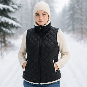 Steve Madden Quilted Puffer Vest Black Faux Sherpa Lined Women’s XL